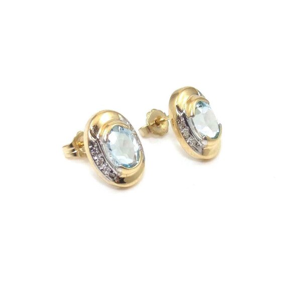 14K Yellow Gold Earrings Blue Topaz Diamond